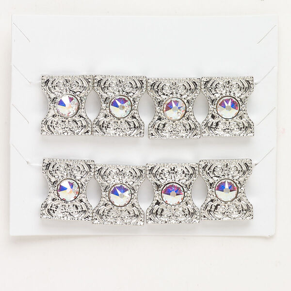 Bead spacer "pewter" zinc-based alloy glass 8pk 13x12mm textured hourglass, silver finish clear AB fits up to 5.5mm beads image number 0