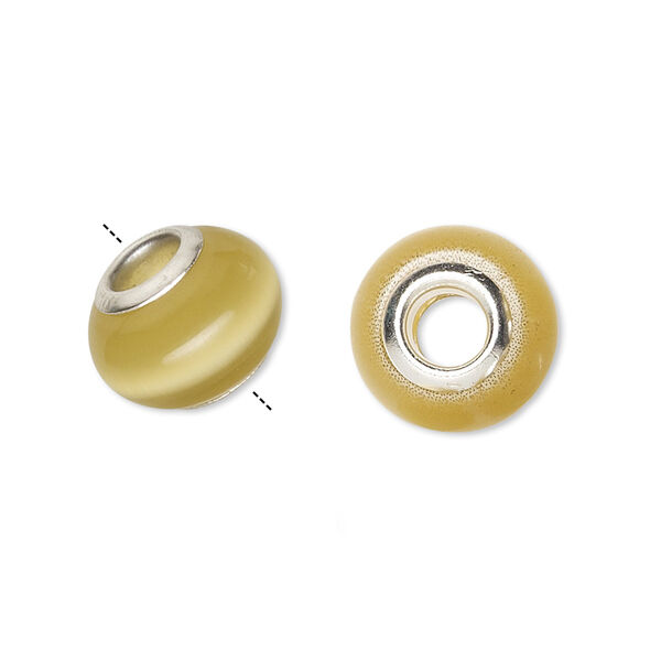 Bead, Dione®, cat's eye glass (fiber optic glass) and silver-plated brass grommets, brown, 13x10mm-14x10mm rondelle. Sold per pkg of 6. image number 0