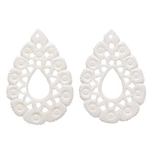 Focal, camel bone (bleached), white, 47x33mm hand-cut single-sided flat open teardrop with cutout flower design, Mohs hardness 2-1/2. Sold per pkg of 2.