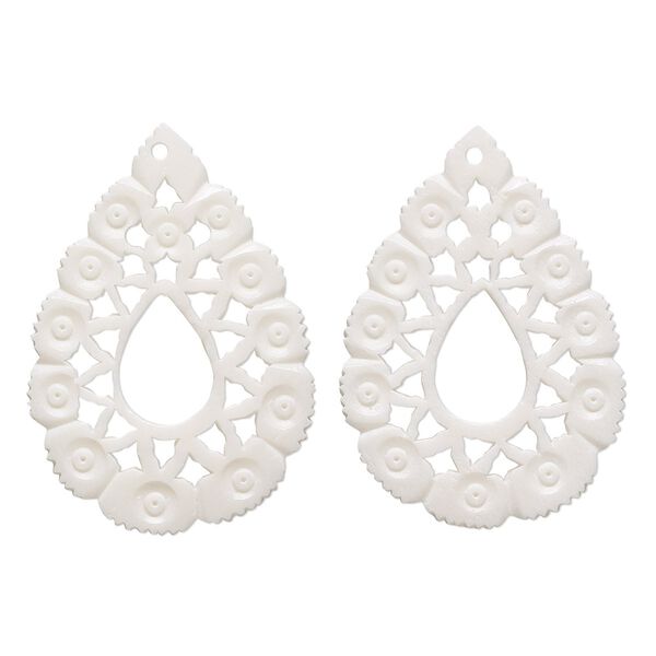 Focal, camel bone (bleached), white, 47x33mm hand-cut single-sided flat open teardrop with cutout flower design, Mohs hardness 2-1/2. Sold per pkg of 2. image number 0
