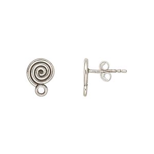 Earstud 1pkg2 sterling silver, 9mm spiral / closed loop, antiqued 1 pair