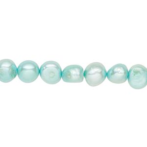 Pearl, cultured freshwater (dyed), light teal, 5-7mm flat-sided potato with 0.4-0.5mm hole, D grade, Mohs hardness 2-1/2 to 4. Sold per 15-inch strand.