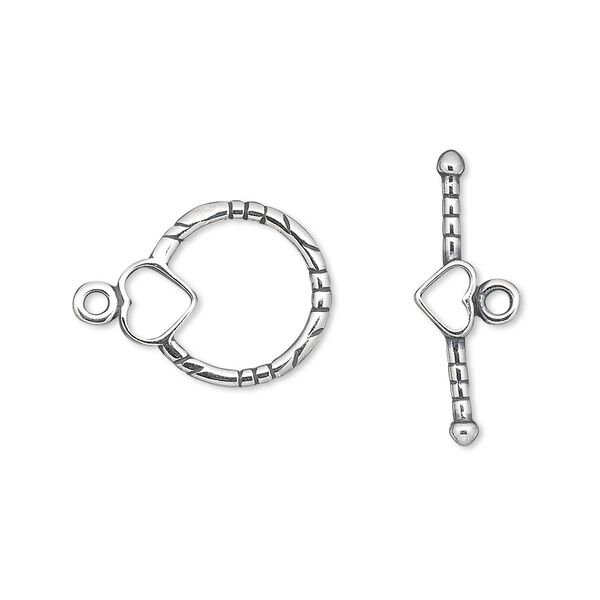 Clasp, toggle, antiqued sterling silver, 16x14mm with hearts. Sold individually. image number 0