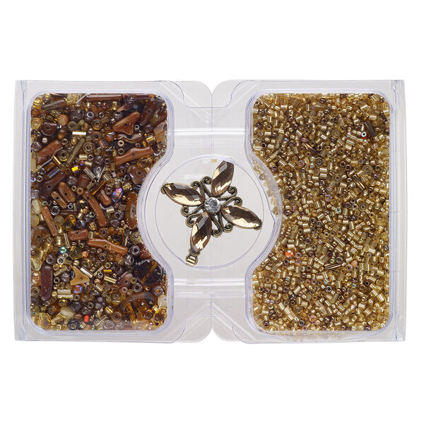 Pendant and bead mix, antique brass-finished "pewter" (zinc-based alloy) and glass, opaque to transparent multi-brown, 38mm star and 15/0 to 10mm mixed shapes. Sold per 100-gram pkg, approximately 2,500 beads. image number 0