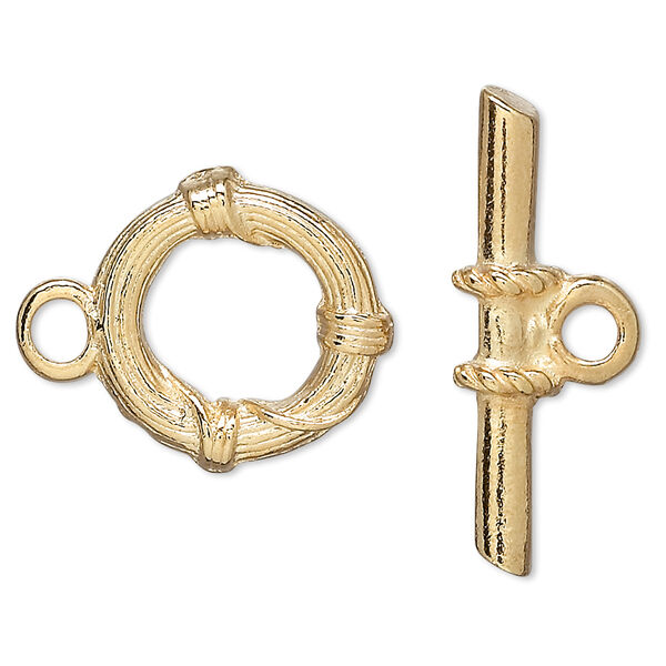 Clasp, toggle, gold-finished "pewter" (zinc-based alloy), 19mm round with bands. Sold per pkg of 10. image number 0