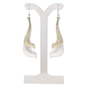 Earring, gold-plated / silver-finished brass / steel / "pewter" (zinc-based alloy), 68mm with scratched wave and fishhook ear wire. Sold per pair.