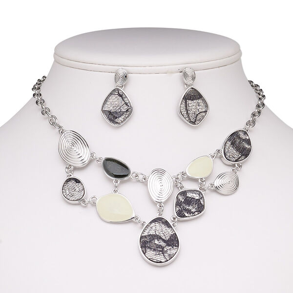 Necklace and earring set, acrylic / enamel / stainless steel / imitation rhodium-plated brass / steel / "pewter" (zinc-based alloy), off-white / clear / black, 16-inch necklace with 2-inch extender chain and lobster claw clasp, 31mm earrings with post. Sold per set. image number 0
