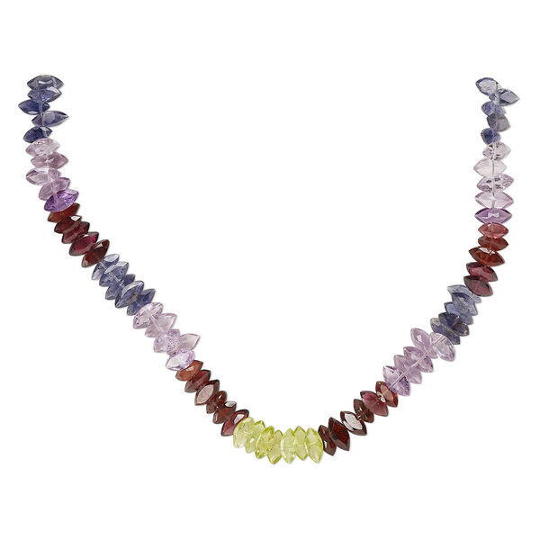 Bead, multi-gemstone (natural / heated), 6x3mm-9x4mm hand-cut top-drilled flat-sided faceted puffed marquise, B grade, Mohs hardness 3 to 7. Sold per 7-inch strand, approximately 70 beads. image number 0
