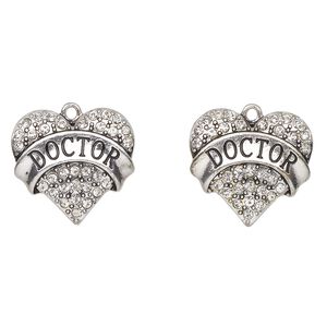 Charm, antique silver-finished enamel "pewter" (zinc-based alloy) and glass, clear and black, 24x23mm heart with "Doctor". Sold per pkg of 2.