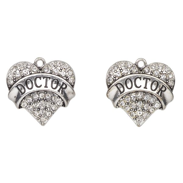 Charm, antique silver-finished enamel "pewter" (zinc-based alloy) and glass, clear and black, 24x23mm heart with "Doctor". Sold per pkg of 2. image number 0