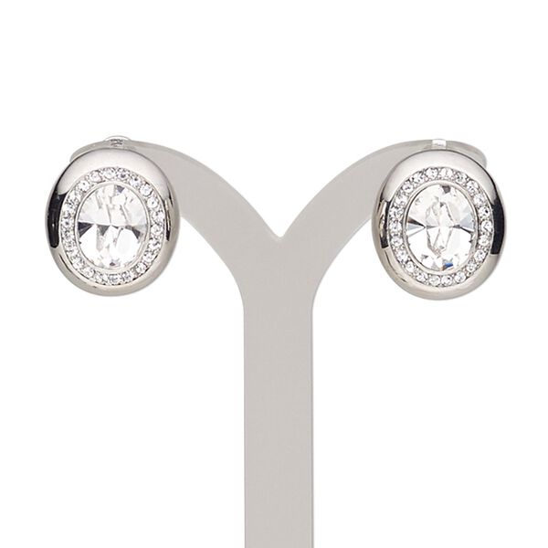 Earring, Austrian crystal / crystals / stainless steel / rhodium-plated "pewter" (zinc-based alloy), clear and crystal clear, 18x16mm oval with post and latch-back closure. Sold per pair. image number 0