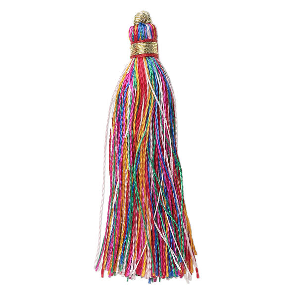 Tassel, silk (imitation) and gold-finished copper, multicolored, 1-3/4 to 2 inches. Sold per pkg of 12. image number 0