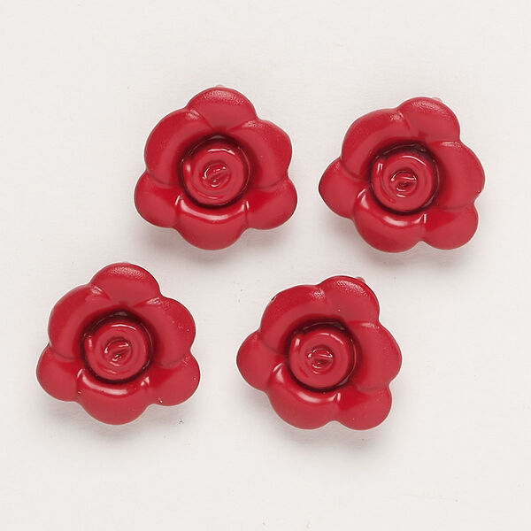 Charm, "pewter" (zinc-based alloy) and enamel, red, 13-14mm flower with hidden loop. Sold per pkg of 4. image number 0