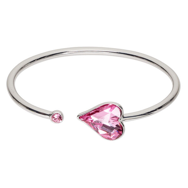 Bracelet, cuff, Everyday Jewelry™, Crystal Passions® and silver-plated "pewter", rose, 17mm wide asymmetrical heart, 7 inches. Sold individually. image number 0