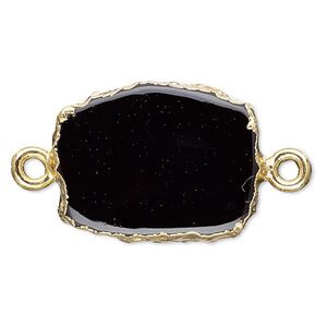 Black onyx / sterling silver 1pkg2, electrocoated gold-plated freeform rectangle link 13x12mm-15x14mm