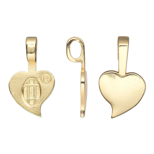Bail, Aanraku®, glue-on, gold-plated "pewter" (zinc-based alloy), 27x13.5mm with 13.5x13mm heart flat base. Sold per pkg of 25. image number 0