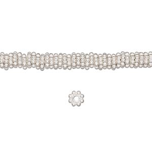 Bead, sterling silver, 5x1mm beaded flat rondelle. Sold per 1/4 troy ounce pkg, approximately 40-45 beads.