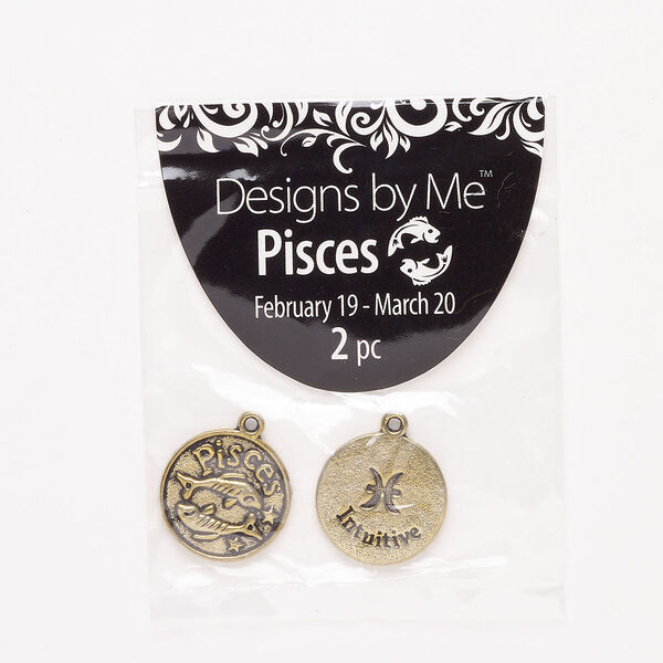 "Pewter" (zinc-based alloy) / enamel 1pkg2, 2-sided round charm / Pisces / "Intuitive" antique gold finish / black 18mm image number 0