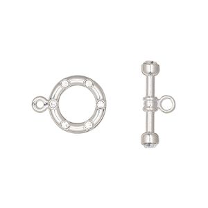 Clasp toggle 1pkg2 silver-plated, 12mm round, brass / clear rhinestone 1-strand