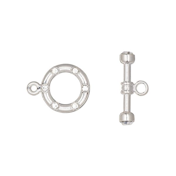 Clasp toggle 1pkg2 silver-plated, 12mm round, brass / clear rhinestone 1-strand image number 0