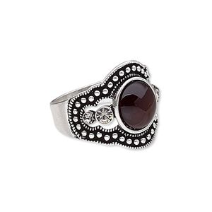 Ring, glass rhinestone / resin / antique silver-plated "pewter" (zinc-based alloy), brown and clear, 19mm wide with round, size 8. Sold individually.