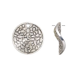 Drop, antique silver-finished "pewter" (zinc-based alloy), 18mm double-sided wavy flat round with cobblestone design. Sold per pkg of 6.