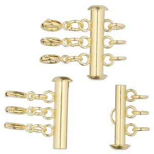 Clasp slide lock 1pkg1, 21x6mm round tube / 5mm jumpring / springring, gold-finished brass 3-strand