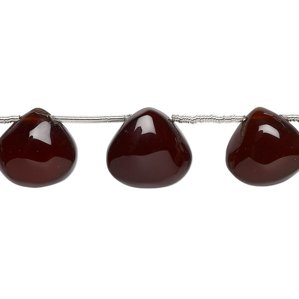 Bead, amber onyx (dyed / heated), dark, 10-12mm hand-cut top-drilled puffed teardrop with 0.4-1.4mm hole, B grade, Mohs hardness 6-1/2 to 7. Sold per pkg of 8. image number 0