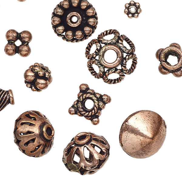 Bead and bead cap mix, antiqued copper, 5x1mm-18x10mm mixed shape. Sold per 50-gram pkg, approximately 60-70 pieces. image number 0