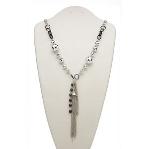 Necklace, glass / acrylic / silver-coated plastic / silver-plated steel / "pewter" (zinc-based alloy), black, 6-inch dangle, 26 inches with 2-inch extender chain and lobster claw clasp. Sold individually.