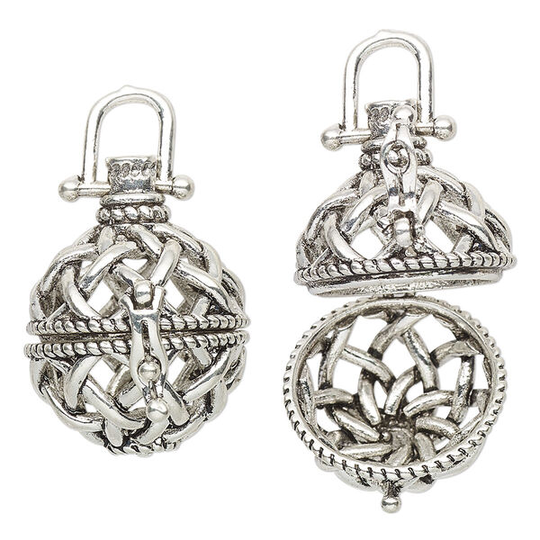 Drop, antique silver-finished brass, 27x20mm round bead cage with cutout woven design and safety latch, fits up to 15mm bead. Sold individually. image number 0