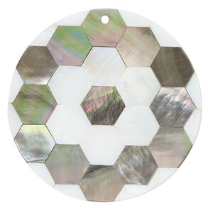 Focal, black lip shell / mother-of-pearl shell / resin (assembled) 1pkg1, 39-40mm top-drilled 1sided flat round with honeycomb pattern.