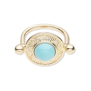 Ring, magnesite (dyed / stabilized) and gold-finished "pewter" (zinc-based alloy), turquoise blue, 20mm round, size 9. Sold individually.