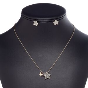 Necklace and earring set, glass rhinestone / rose gold finish steel / brass / "pewter" (zinc-based alloy), clear, 9x9mm and 14x14mm star, 18-inch necklace with 2-inch extender chain and lobster claw clasp, 12x12mm star earrings with post. Sold per set.