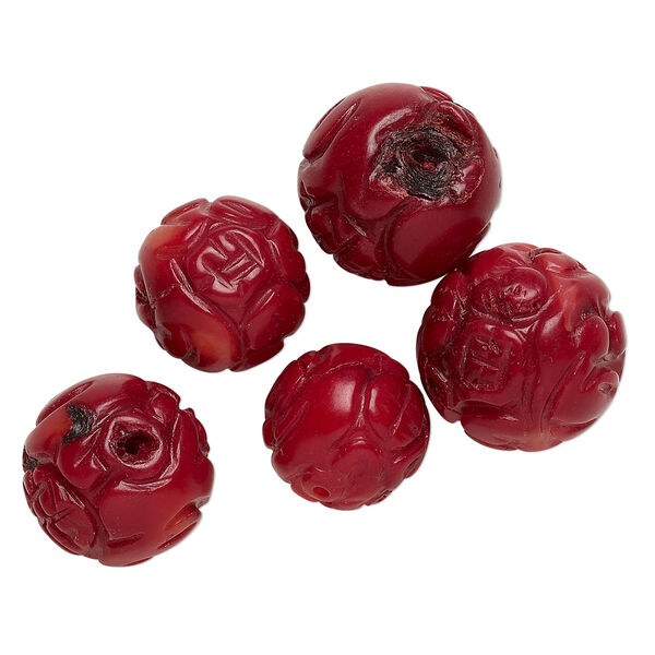 Bead, bamboo coral (dyed), dark red, 15-19mm hand-carved round, B- grade, Mohs hardness 3-1/2 to 4. Sold per pkg of 5. image number 0