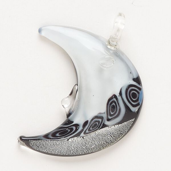 Focal, lampworked glass, opaque white / black / clear, 42x38mm-43x40mm moon face with silver-colored foil. Sold individually. image number 0