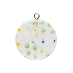 Component 1pkg1 millefiori glass and silver-finished steel, transparent and translucent clear and multicolored, 24-25mm puffed flat round.