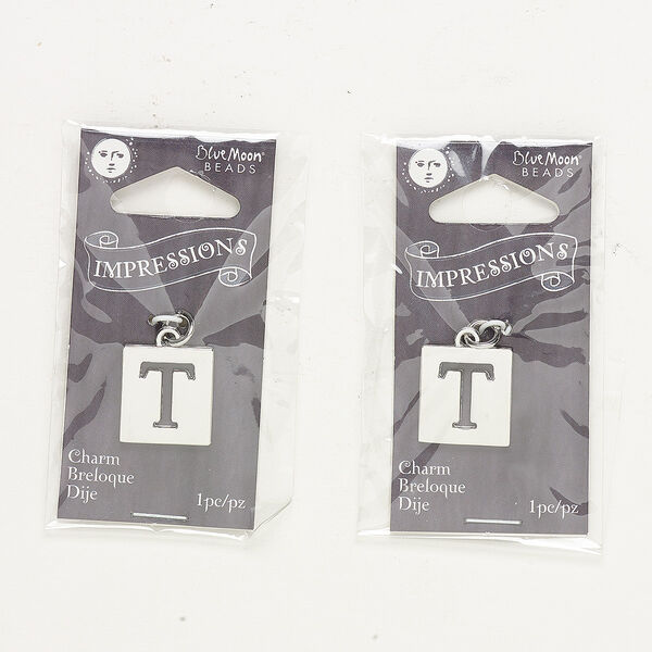 Drop, silver-finished "pewter" (zinc-based alloy) and steel, 16x15mm square with cutout alphabet letter "T." Sold per pkg of 2. image number 0