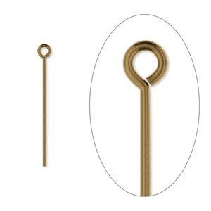Eye pin, antique gold-plated brass, 1 inch, 21 gauge. Sold per pkg of 100.