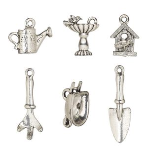 Charm set, antiqued pewter (tin-based alloy), 17x9mm-32x23.5mm garden theme. Sold per 6-piece set.