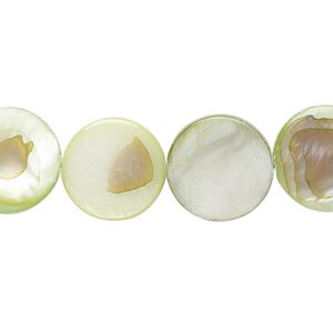 Mother-of-pearl shell 1pkg1, flat round bead 15 inch light green 14-15mm