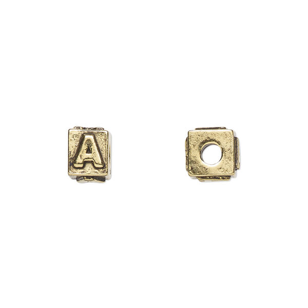 Bead, antique gold-plated pewter (tin-based alloy), 8x6mm rectangle with alphabet letter "A." Sold per pkg of 4. image number 0