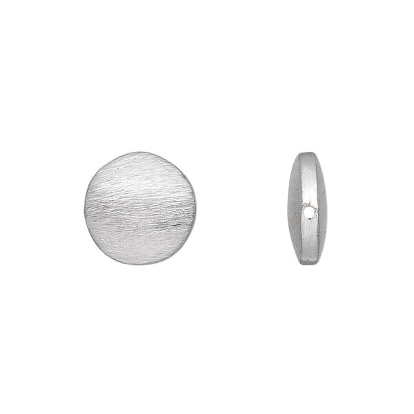 Bead, silver-plated brass, 12mm brushed puffed flat round. Sold per pkg of 4. image number 0