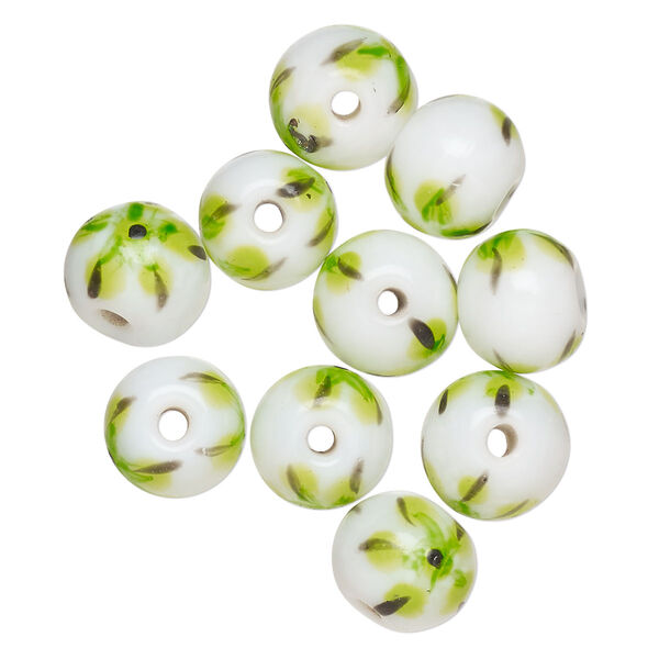 Bead, lampworked glass, opaque white / black / green, 9-11mm round. Sold per pkg of 10. image number 0