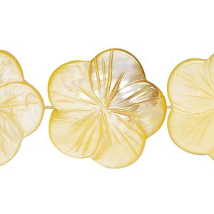 Bead, mother-of-pearl shell (dyed), pale yellow, 24x23mm-26x25mm carved flat flower with 0.6-0.8mm hole, Mohs hardness 3-1/2. Sold per 15-inch strand.