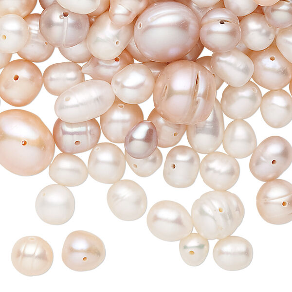 Pearl, cultured freshwater, white / peach / mauve, approximately 5-11mm mixed style, D grade, Mohs hardness 2-1/2 to 4. Sold per 100-gram pkg. image number 0
