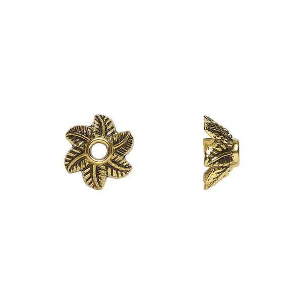 Bead cap, antiqued gold-finished "pewter" (zinc-based alloy), 11x6mm leaf, fits 8-9mm beads. Sold per pkg of 20. image number 0
