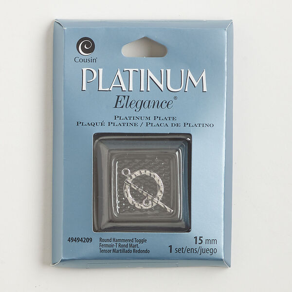 Clasp toggle 1pkg1 platinum-plated, 15mm hammered round, copper 1-strand image number 0