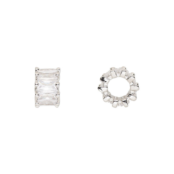 Bead, cubic zirconia and silver-plated brass, clear, 10.5x6mm rondelle. Sold per pkg of 2. image number 0