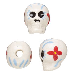 Bead, painted and glazed ceramic, multicolored, 17x14mm 3D skull. Sold per pkg of 2.